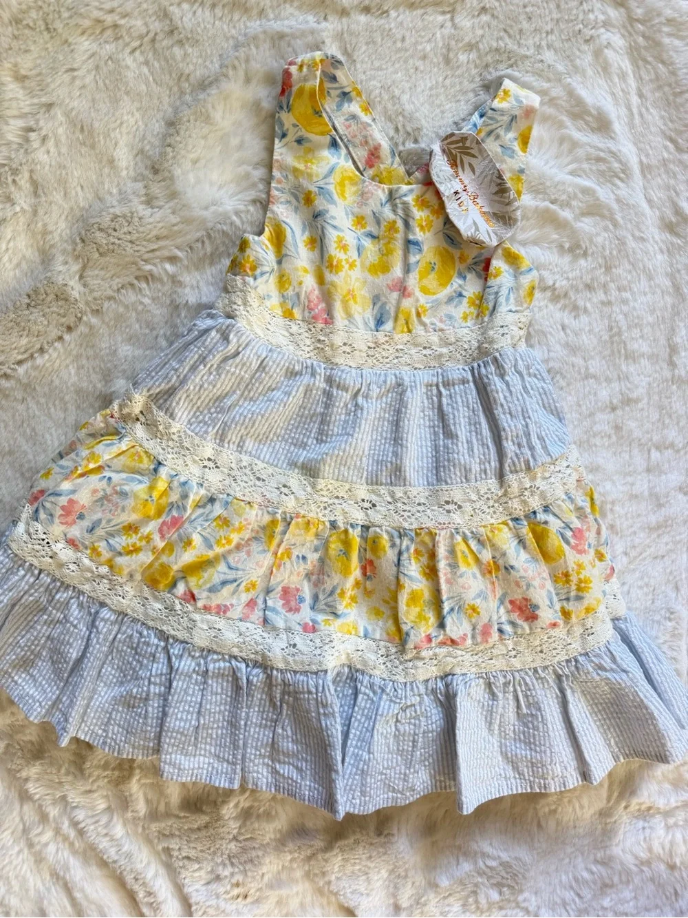 NWT Gommy Bahama Toddler Yellow Floral & Light Blue Seersucker Tiered Lace Dress